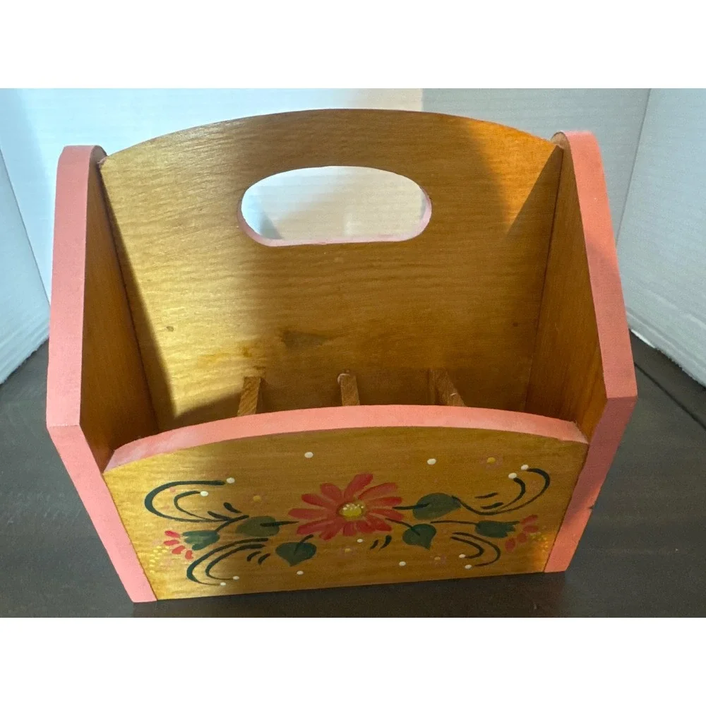 Vintage Hand Painted Wooden Floral Caddy Folk Art Mail Sorter Napkin Holder Pink